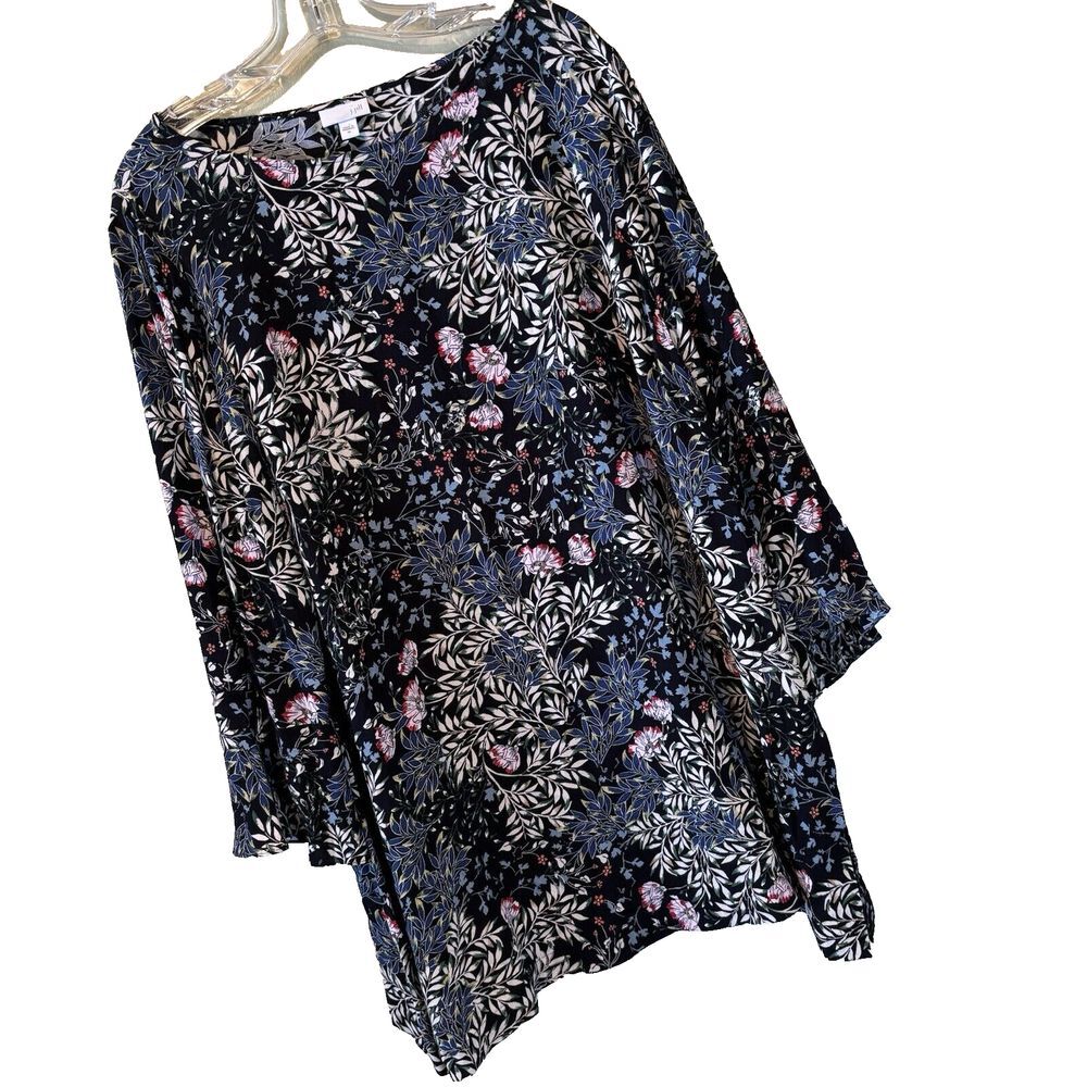 J.‎ Jill Floral Blouse Tunic Mini Dress XL Long Flared Sleeve Black Pink Blue